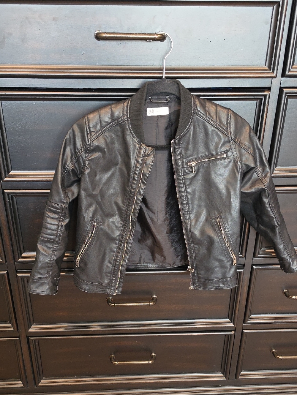 Boys H&M Black Faux-Leather Bomber Jacket Size 7-8